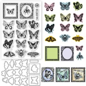 GLOBLELAND Vintage Butterfly Bees and Lace Frame Clear Stamps and Cutting Dies Retro Silicone Clear Stamps Cards and Metal Die Cuts for Card Making and DIY Embossing Scrapbooking