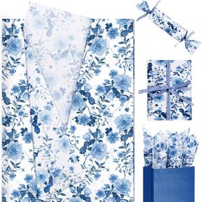 100 Sheets Blue White Floral Tissue Paper, Chinoiserie Style Gift Wrapping Paper Peony Printed DIY Art Craft Paper for Wedding Birthday Bridal Shower Party Favors, 20 x 14 Inch