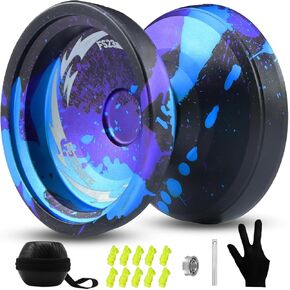 FETESNICE FS23 Metal Yo-Yo Professional - Responsive Trick Yoyo for Kids 8-12 Beginners & Adults, Finger Spin Yo-Yo with 10 Strings, Case, Glove & Adjustable Bearing Kit -Black Blue Pulple