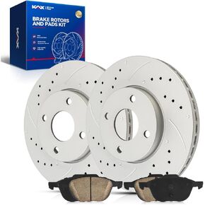 KAX Front Brake Kit, Drilled and Slotted Brake Rotors, Ceramic Brake Pads | Fits Focus 2005-2007, Automotive Replacement Brake Kit