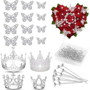 Flower Bouquet Accessories Including 4Pcs Crown Cake Topper Mini Tiara,12 Butterfly Decorations and 50Pcs Bouquet Pins for Birthday Wedding (Gold)