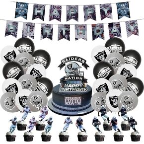 38 Pcs Raiders Party Supplies,Rugby Theme Party Supply Set Includes Happy Birthcday Banner,1 Cake Topper,12 Cupcake Toppers，24Balloons, (Regular)