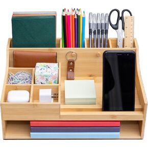 5in1 Bamboo Wood Desk Organizer with Cable Organizer – Spacious Desk Storage with Phone Holder & Key Hooks – Home Work Wooden Desk Organizer for Wallet Mail File Office Supply Accessories. No Assembly