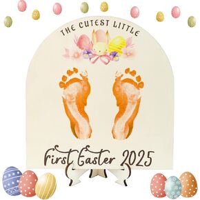 Baby's First Easter Footprint DIY Wooden Sign, My Baby's 1st Easter Gifts Craft, My First Holiday Milestone Signs Have Bunny Footprints, Easter Eggs, Easter Decor Gifts for New Parents