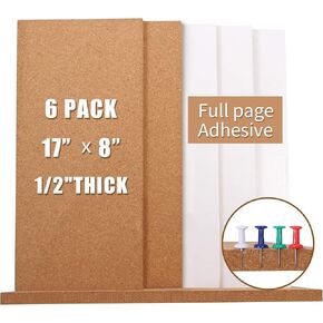 Cork Bulletin Board 17"x8" - 1/2" Thick Cork Board Tiles Frameless Cork Tiles, Self-Adhesive Corkboards Wall Decor with a Box Bonus Pushpins (6pack) for Office, School and Home
