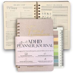 Neurodivergent ADHD Planner - Spiral Bound Monthly, Weekly & Daily w/Removable Ruler & Stickers - Gratitude Journal w/Self Care, Financial & Medical Trackers - Unique Notebook Journal for Adults