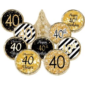Black and Gold 40th Birthday Party Favor Chocolate Kisses Candy Stickers - 180 Labels