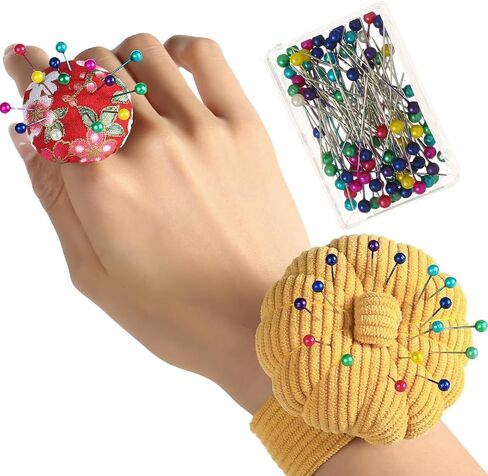 HEYNERIC™ Wrist Pin Cushion for Sewing + Prevent Pricks Ring Pincushion + 100 pcs Sewing Pins | Improved Classic Sewing pin Holder Perfect for Professionals or Sewing Enthusiast. (Mustard) in Saudi Arabia