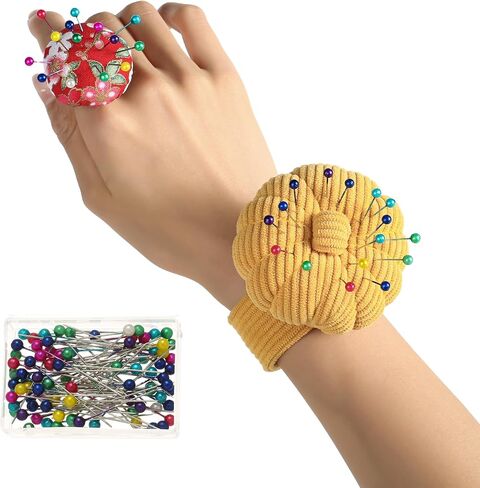 HEYNERIC™ Wrist Pin Cushion for Sewing + Prevent Pricks Ring Pincushion + 100 pcs Sewing Pins | Improved Classic Sewing pin Holder Perfect for Professionals or Sewing Enthusiast. (Mustard) in Saudi Arabia