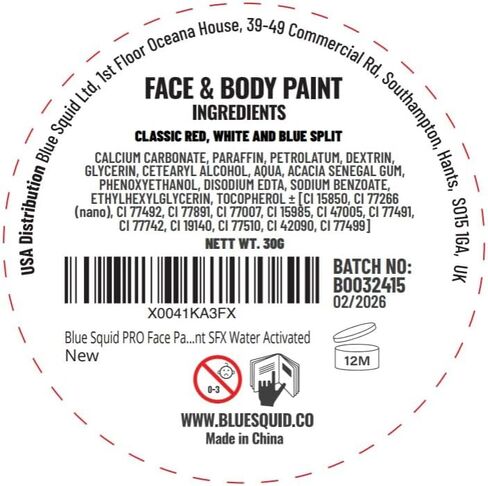 Blue Squid PRO Face Paint - Professional Water Based Single Cake Facepaint & Body Paints - SFX Makeup, Kids Adults Face Painting for Costume, Halloween, Cosplay - Split Red, White & Blue 30g / 1oz in Kuwait