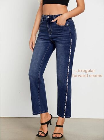 GRAPENT Straight Leg Jeans for Women High Waisted Trendy Ankle Length Forward Seams Stretchy Denim Pants Baggy Jeans in Kuwait