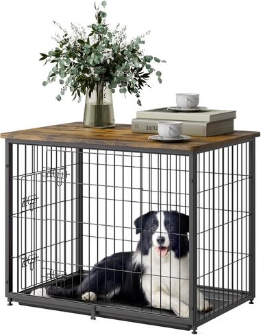 VEVOR 33" Dog Crate Furniture, Dog Kennel Furniture with Double Doors, 2-in-1 Decorative Wooden Dog Crate with Removable Tray, Dog Crate End Table Hold up to 45 lbs for Small, Medium Dogs Brown in Saudi Arabia