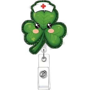 St Patrick's Day Badge Reel, Lucky Gift Sparkle Glitter Clover Shamrock Retractable Badge Holders with Badge Reel for Office Worker Doctor Teacher School Nurses Students