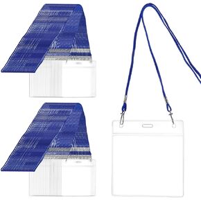 QWORK 100-Pack ID Badge Holders with 36-Inch Blue Lanyard, Waterproof PVC Badge Holder