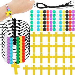 Kugliwa 720 Pcs Religious Bracelet Craft Kit Include 80 Pcs Mini Wood Cross 560 Pcs Colorful Assorted Beads with 80 Pcs Ropes for Adults and Kids DIY Ornaments Fun Home Activities
