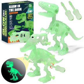 TEUVO Luminous Take Apart Dinosaur Fossil Toys with 2 Screwdrivers, 2 Packs Dinosaurs Toys Glow in The Dark Construction Dinosaurs Skeletons Building Toys, STEM Learning Gift for Kids Aged 3-9