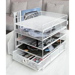 5-Tier Paper Letter Organizer with File Holder, Desk Organizer with Drawer, Mesh Desktop Storage with Magazine Holder for Office Supplies (White)