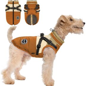 Dog Winter Coat, Waterproof Dog Jacket Warm Dog Coat, Windproof Turtleneck Dog Fleece Vest with Harness Built in, Reflective Dog Snow Jacket Snowsuit for Small Medium Large Dogs, Orange S