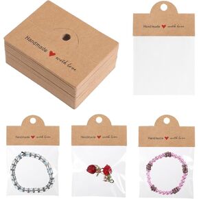 100 Sets Jewelry Packaging for Small Business, Small Jewelry Bags Brown Jewelry Display Clear Pouch Small Business Packaging Supplies for Bracelet, Car Coaster, Keychain, Jewelry, Display Cards