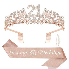 Semato 21st Birthday Decorations - Crown and Sash Glitter Kit for Girls, Happy Birthday Girl Tiara and Favors