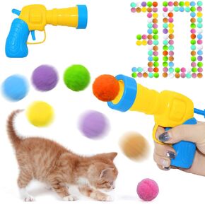 Cat Toy Balls Launcher Set(1 Gun+30 Balls), Cat Enrichment Toys, Interactive Funny Cats Toys Balls, 30Pcs Fluffy Pom Pom Balls Cat Toy Outfit, Plush Ball Launcher for Indoor Exercise, 30 Balls