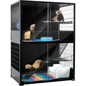 OIIBO Deluxe Glass Ferret Cage, 32" L x 22" W x 48" H Double-Deck Small Animal Cage with Platforms and Ladder, 4 Tier Large Chinchilla Cage Ferret Habitat Home with Safety Lock
