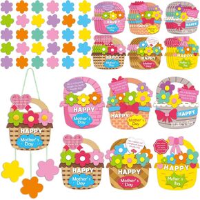 Honoson 24 Sets Mother's Day Crafts for Kids Bulk Mothers Day Faith Hanging Basket Sign Craft Kit Flowers Basket Proverbs 31: 25 Felt Ball Rope for Sunday School Gifts Family Classroom