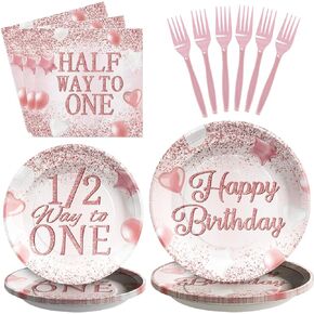 96 Pcs Rose Gold Party Supplies Happy Birthday Plates and Napkins Set Rose Gold Paper Plates Disposable Party Plates Set Decorations for Girls 1/2 Half Way to One Birthday Party Baby Shower Serves 24