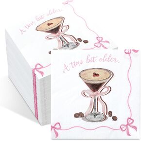 Crtiin 100 Pcs Espresso Martini Napkins a Tini Bit Older Party Supplies Pink Bow Disposable Paper Napkins Bachelorette Party Decorations for Martini Coquette Bar Birthday Decors
