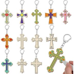24 Pcs Religious Cross Keychain Crafts Color Your Own Wood Keychains DIY Christian Coloring Keychain Gifts Blank Unfinished Cross Keychains Kits for Religious Sunday School Classroom Activities