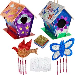 Kids Crafts for Ages 6-14, 2 Pack Montessori Bird House/Foil/Wind Chime/Stickers, Genius Designer DIY Birdhouse Wooden Art Set, Idea Birthday for Girl Boy Children 6 7 8 9 10 Year Old