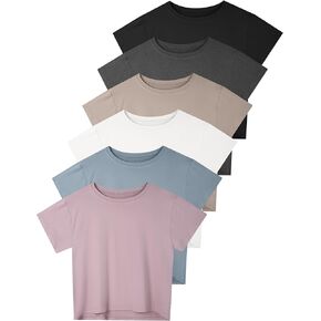 6 Pack Women's Dry Fit Crop Top Short Sleeve Athletic Workout Yoga Running Gym Casual Tees T-Shirts Loose Fit