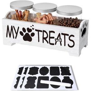 Dog Treat Container,Airtight Dog Food Storage Container with 3 Jars, Farmhouse Wood Dog Treat Jars, Pet Food Storage Containers for Dog, Cat or Small Animals(White)