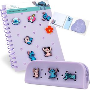 Disney Stitch A5 Customizable Notebook and Zipped Pencil Case, Stationery Set with Character Pins, Sticky Notes - Gifts for Girls