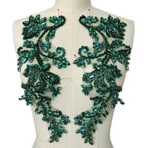 Handmade Beaded Rhinestone Appliques Sew on Crystal Lace Patch, 1 Pair for DIY Clothing, Wedding Dress,Multi-Color Costume Decoration (Deep Green)