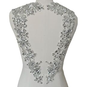 Handmade Beaded Rhinestone Appliques Sew on Crystal Lace Patch 1 Pair for DIY Clothing Wedding Dress Multi-Color Costume Decoration 7.4X18inches (Silver)
