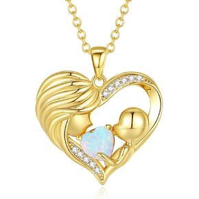 FANCIME Mom Birthstone Necklace Mother and Child Love Heart Necklace I Love You Mom Gifts Mother's Day Gifts Birthstone Jewelry Gifts for Grandmother Mom Wife, 16"+2" Inches