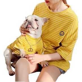 Matching Dog and Owner Clothes,Yellow Striped Women Shirt Short Sleeve,Cotton Women Summer Shirt Crewneck,Casual Women T-Shirt Summer Tops Loose Fit(Owner L)