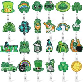 24 Pcs St Patrick's Day Badge Reels Retractable Badge Reels with Alligator Clip Holiday Badge Holders Retractable Cute Irish Shamrock Clover Green Hat Dwarf Name ID Badge Reel for Nurses Students