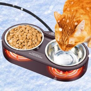 Heated Water Bowl for Cats Dogs Outdoor, 40oz Double Heated Pet Bowl for Outside Cat Dog Duck Chickens Birds Waterer in Winter with Thermostatic Control and Anti Chew Cord