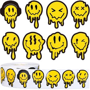 Whaline 1000Pcs Trippy Smile Stickers Roll Yellow Melting Happy Face Decals 8 Designs Assorted Adhesive Decorative Seal Stickers for Classroom Exchange Gift Greeting Card Party Holiday Supplies