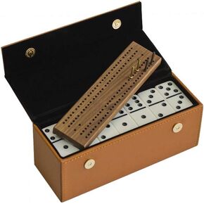 Alex Cramer Domino Set with Caramel Colored Leather Case - Professional Tournament Traveler - No Spinners Domino Set - 28 Indestructible Double Six Dominoes