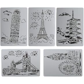 Painting Templates Drawing Stencils Plastic Creative Building Art Craft Reusable Stencils Lettering Aids for Kids Student DIY Scrapbook Notebook Painting Drawing 5 Pack