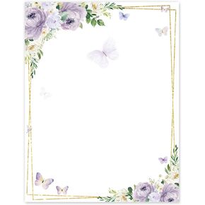 60 Sheets Floral Butterfly Stationery Letterhead Paper Watercolor Lavender Flower Letter Writing Paper Single-Sided Note Greeting Paper for Spring Invitation Office Printing, 8.5 x 11 Inch