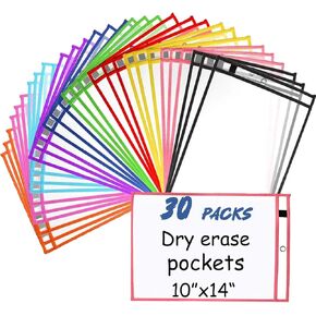 Dry Erase Pocket Sleeves 30 Packs, 10 x 14 Inch Job Ticket Holders Reusable Clear Plastic Sleeves Sheet Protectors, School Teacher Classroom Office Organization Supplies, 10 Colors