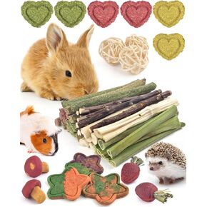 ERKOON 53 Pcs Bunny Chew Toys for Teeth, 100% Naturally Apple Wood, Carrots, and Timothy Grass, Suitable for Rabbits Guinea Pigs Chinchillas Bunnies Hamsters