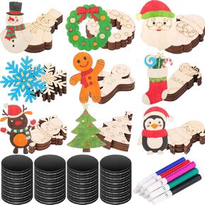 Blueweenly 84 Pcs DIY Wood Christmas Craft Magnets Set for Kids Christmas Day Craft Wooden Ornaments Unfinished Slices in 9 Styles Ornaments to Paint Crafts for Kids