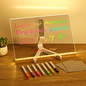 Acrylic Dry Erase Board with Light 12 X 8" Light up Dry Erase Board with Stand as a Glow Memo LED Letter Message Board Note Glass Led Board White Board with 7 Pen for Office School Home