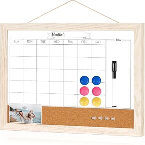 Dry Erase Calendar Whiteboard for Wall, WALGLASS 24" X 18" Cork Monthly Calendar White Board Combo with Aesthetic Wood Framed, Hanging Wall Mounted Bulletin Board for Home, School, Office