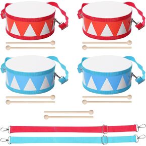 4 Pcs Drum Set for Kids 8 Inch Toddler Toy Drum 10 Drumsticks with Adjustable Strap Wooden Drum Educational Musical Instrument Toys Sensory Musical Instrument Drum for Toddler Girls Boys